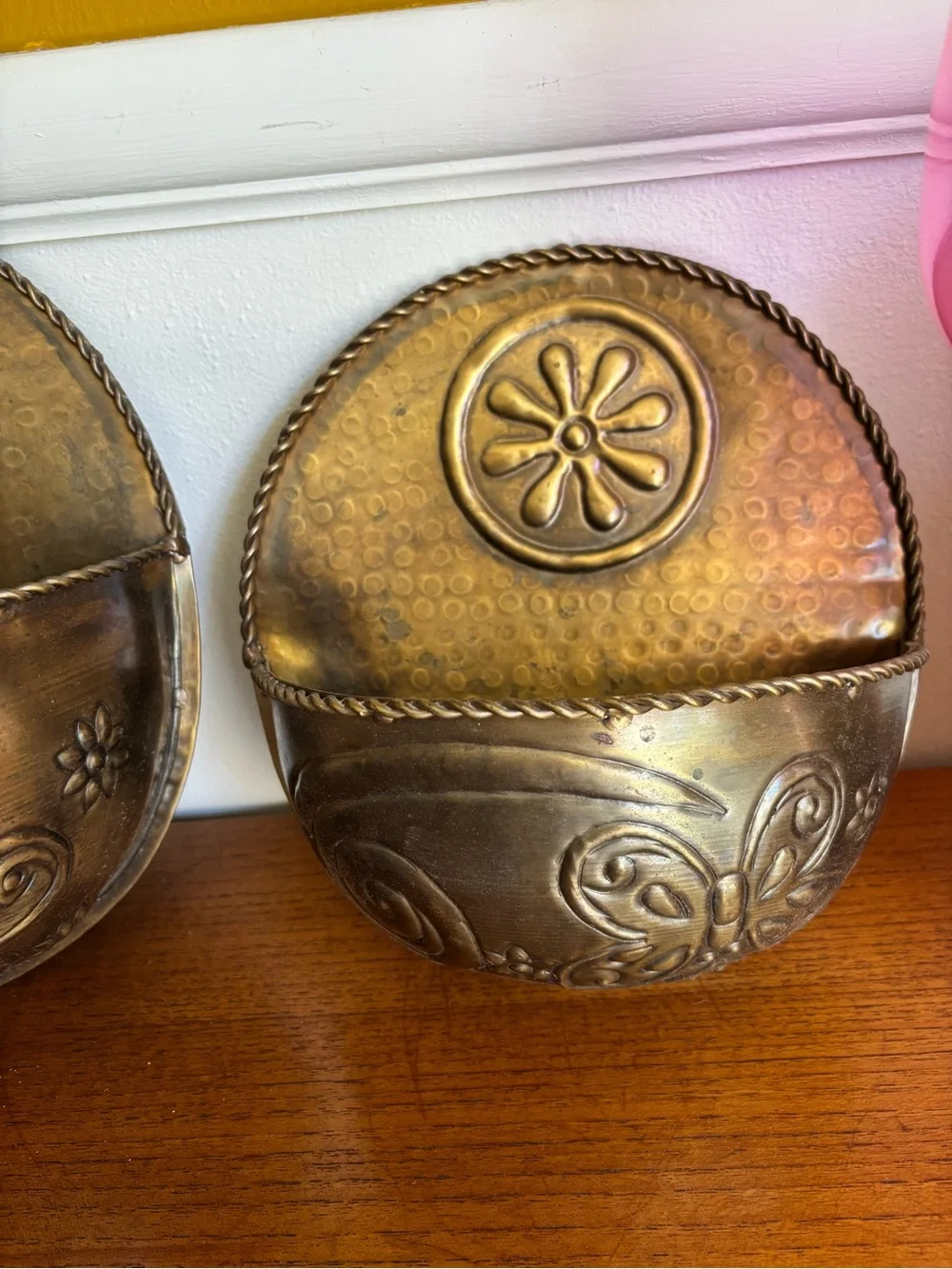 Set of three brass wall pocket hanging plant holders vintage butterfly flower